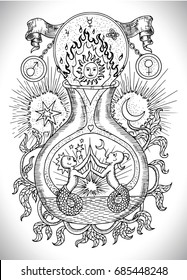 Black and white drawing with mystic, spiritual and alchemical symbols, zodiac sign Gemini concept with moon, sun and stars. Occult and esoteric vector illustration, tattoo gothic engraved background