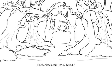 Black and white drawing of a mystical forest scene