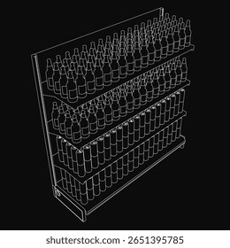 Black and white drawing of neatly arranged beer bottles on a wooden shelf. The bottles are organized in rows, showcasing a well-stocked store. Detailed shading highlights the glass texture and labels.