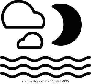 Dibujo en blanco y negro de un cielo nocturno con una luna Grande y nubes. La luna está situada sobre el agua, y las nubes están dispersas por todo el cielo