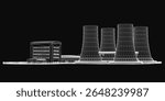 A black and white drawing of a nuclear power plant with tall, distinct towers arranged symmetrically against a dark background. The central tower is the tallest, flanked by smaller structures