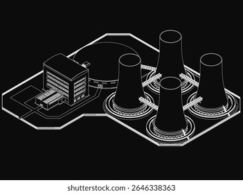 Desenho a preto e branco de uma central nuclear com um edifício central e várias torres de arrefecimento, sobre um fundo escuro. O contraste e sombreamento gritantes criam um e misterioso.