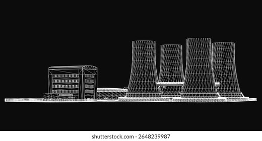 Um desenho em preto e branco de uma usina nuclear com torres altas e distintas dispostas simetricamente sobre um fundo escuro. A torre central é a mais alta, ladeada por estruturas menores