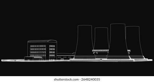 Um desenho em preto e branco de uma usina nuclear apresenta um edifício detalhado em primeiro plano com chaminés e torres de resfriamento. O fundo escuro realça a atmosfera industrial