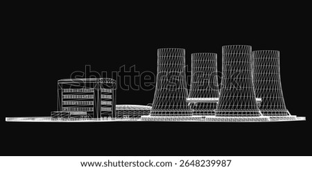 A black and white drawing of a nuclear power plant with tall, distinct towers arranged symmetrically against a dark background. The central tower is the tallest, flanked by smaller structures