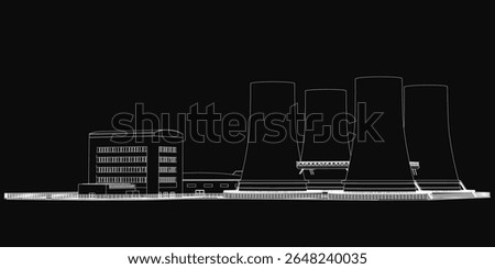 A black and white drawing of a nuclear power plant features a detailed building in the foreground with smokestacks and cooling towers. The dark background enhances the industrial atmosphere