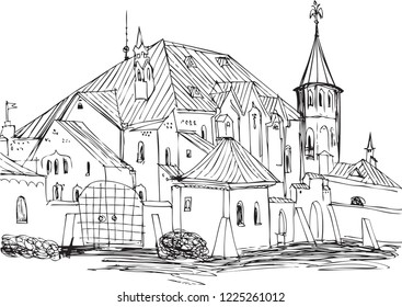black and white drawing of old russian architecture