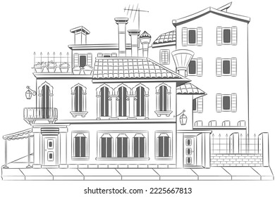 Black and white drawing of old Venetian houses on a white background.