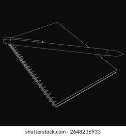 Black and white drawing of an open notebook with blank pages, featuring a pen resting beside it, ready for writing. The simple, elegant composition highlights creativity and productivity.