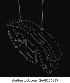 Desenho preto e branco de um sinal aberto pendurado no teto, suspenso por duas cordas para um olhar único e atraente. A tipografia em negrito destaca-se contra o fundo simples