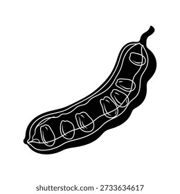 Black and white drawing of an opened pea pod with seeds isolated on Transparent Background
