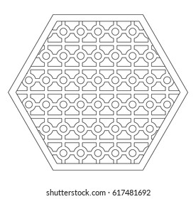 Black and white drawing or ornament for coloring, decorating, printing, etc. Linear pattern of intersecting circles and lines in the hexagonal frame. Easy to edit color and lines. Vector EPS 10.