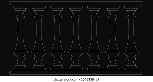 A black and white drawing of an ornate balcony railing features intricate details, including decorative columns, curved balusters, and elegant scrollwork.