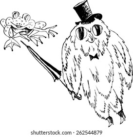 black and white drawing of an owl in the cylinder and the frog