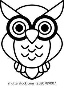 A black and white drawing of an owl with glasses. The owl has a serious expression and is looking directly at the camera