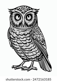 A black and white drawing of an owl with large eyes and a sharp beak. The owl is perched alertly on a tree branch at night.