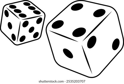 Black and white drawing of a pair of dice thrown for gambling game. Cartoon style.