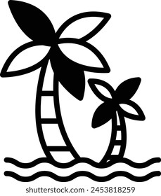 A black and white drawing of a palm tree with a small palm tree next to it. Concept of relaxation and tranquility, as if the viewer is on a tropical island surrounded by palm trees and water