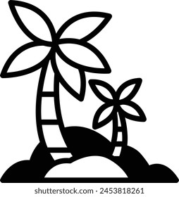 A black and white drawing of a palm tree with two smaller palm trees in the foreground. Concept of tropical paradise and relaxation