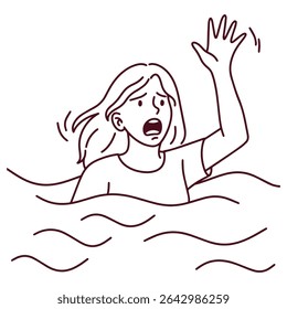 Black and white  drawing of a panicked girl waving for help while partially submerged in water, symbolizing danger or drowning emergency