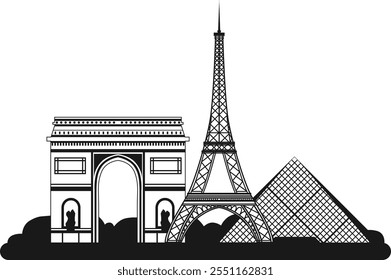 Un dibujo en blanco y negro de París con la Torre Eiffel y el Arco del Triunfo