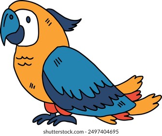 A black and white drawing of a parrot. The bird is sitting on the ground and has a colorful beak