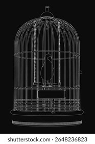 A black and white drawing of a parrot inside a metal birdcage with bars and an open door. The bird sits calmly, its feathers detailed in monochrome, while the cage handle adds a realistic touch.