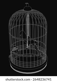 A black and white drawing of a parrot perched inside a metal cage, looking outward through slightly ajar bars. The cage door has a visible handle, emphasizing the bird's confinement.