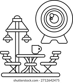 A black and white drawing of a patio with a table and chairs, a lamp, and a camera