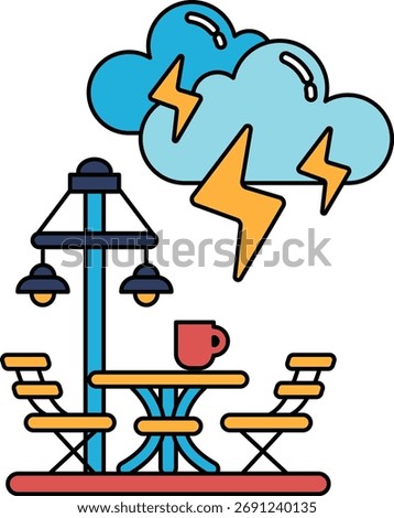 A black and white drawing of a patio with a table and chairs, a lamp, and a cup. The sky is cloudy and there is a lightning bolt in the air