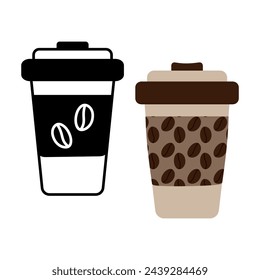 Black and white drawing and patterned disposable coffee cups with coffee grains. Logo. Icon. Sticker