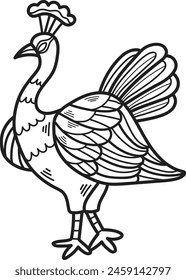 Dibujo en blanco y negro de un pavo real con un tocado plumoso Grande, colorido e intrincado