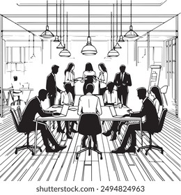 a black and white drawing of people in a conference room.