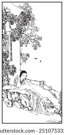 Black and white drawing of a person resting on a rock beneath a tree beside a house with birds flying in the background.