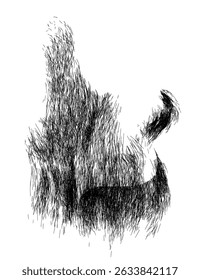Um desenho em preto e branco da barba de uma pessoa. O desenho é muito detalhado e tem muita textura. O cabelo da pessoa é muito grosso e ele está despenteado. Vista lateral