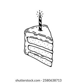 A black and white drawing of a piece of cake with a lit candle