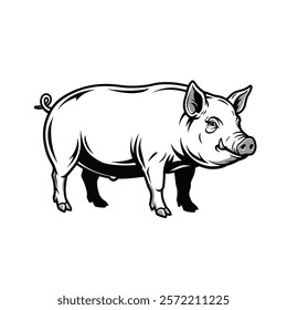 A Black and White Drawing of a Pig Standing on a White Background.