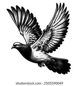 A black and white drawing of a pigeon flying in the air. The bird has a white head and a black body. The wings are spread wide, giving the impression of freedom and grace