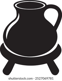 A black and white drawing of a pitcher on a stand