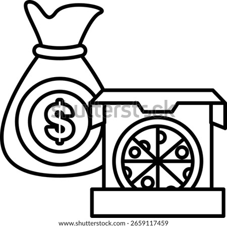 A black and white drawing of a pizza box and a dollar bill. The drawing conveys the idea of money and food, and the mood is simple and straightforward