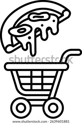 A black and white drawing of a pizza with cheese and sauce on top of a shopping cart. The pizza is falling off the cart, and the cart is empty