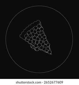 Desenho a preto e branco de uma fatia de pizza fechada num círculo, apresentando um padrão de favo de mel no seu centro. O fundo escuro melhora o contraste entre os elementos.
