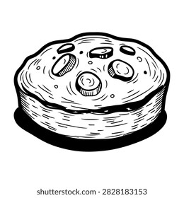 Black and white drawing of a pizza slice topped with pepperoni slices, showcasing a delicious and crispy crust with melted cheese.