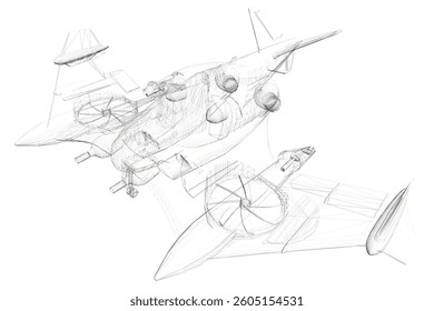 A black and white drawing of a plane with a propeller. The plane is shown in a cross section, with the propeller clearly visible. The drawing is of a fighter jet