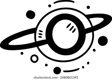 A black and white drawing of a planet with a circle in the middle. The circle is surrounded by a lot of dots