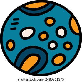 A black and white drawing of a planet. The circle is surrounded by a lot of dots