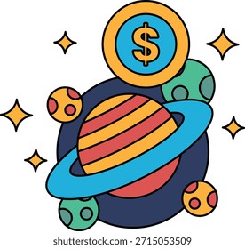 Eine schwarz-weiße Zeichnung eines Planeten mit einem Dollarzeichen darauf. Das Dollarzeichen wird auf eine Münze gesetzt. Die Zeichnung hat einen spielerischen und skurrilen Eindruck