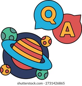A black and white drawing of a planet with a question mark and an A above it. The drawing is of a planet with a large, round, white dot in the center. The planet is surrounded by smaller, white dots