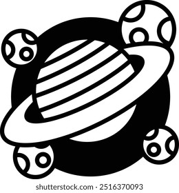 A black and white drawing of a planet with a ring around it. The planet is surrounded by four other planets, each with a different color. The drawing has a whimsical and playful mood