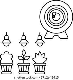 Un dibujo en blanco y negro de una planta con una cámara en el fondo. La planta está rodeada por varias plantas en macetas, siendo una de ellas una planta Pequeña con un tallo frondoso